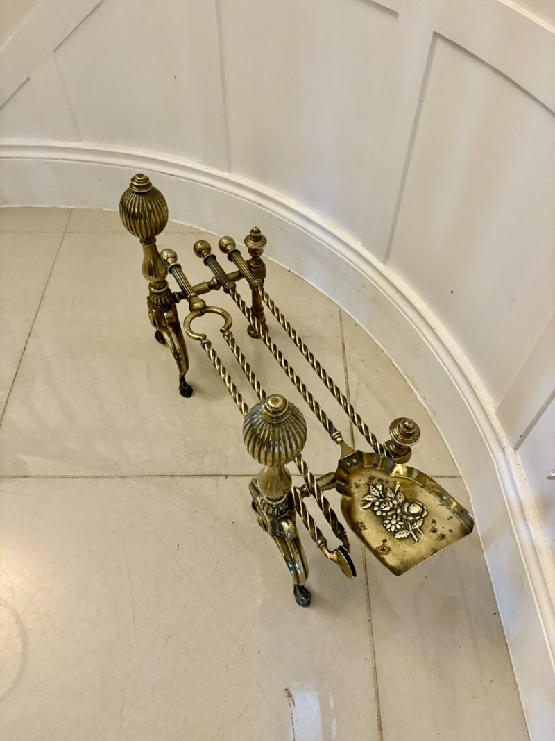 Set of Quality Antique Victorian Brass Fire Irons and Dogs - Image 2